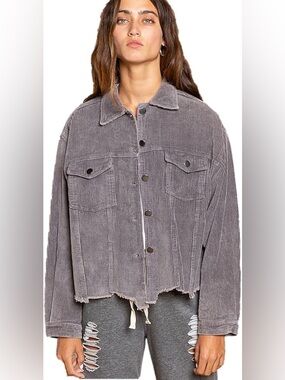 POL Button Down Corduroy Trucker Jacket Size Small Grey Oversized Raw Hem Cotton
